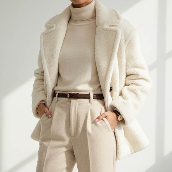 HOUSE OF HARLOW 1960 Sherpa Teddy Pea Coat In Ivory Cream